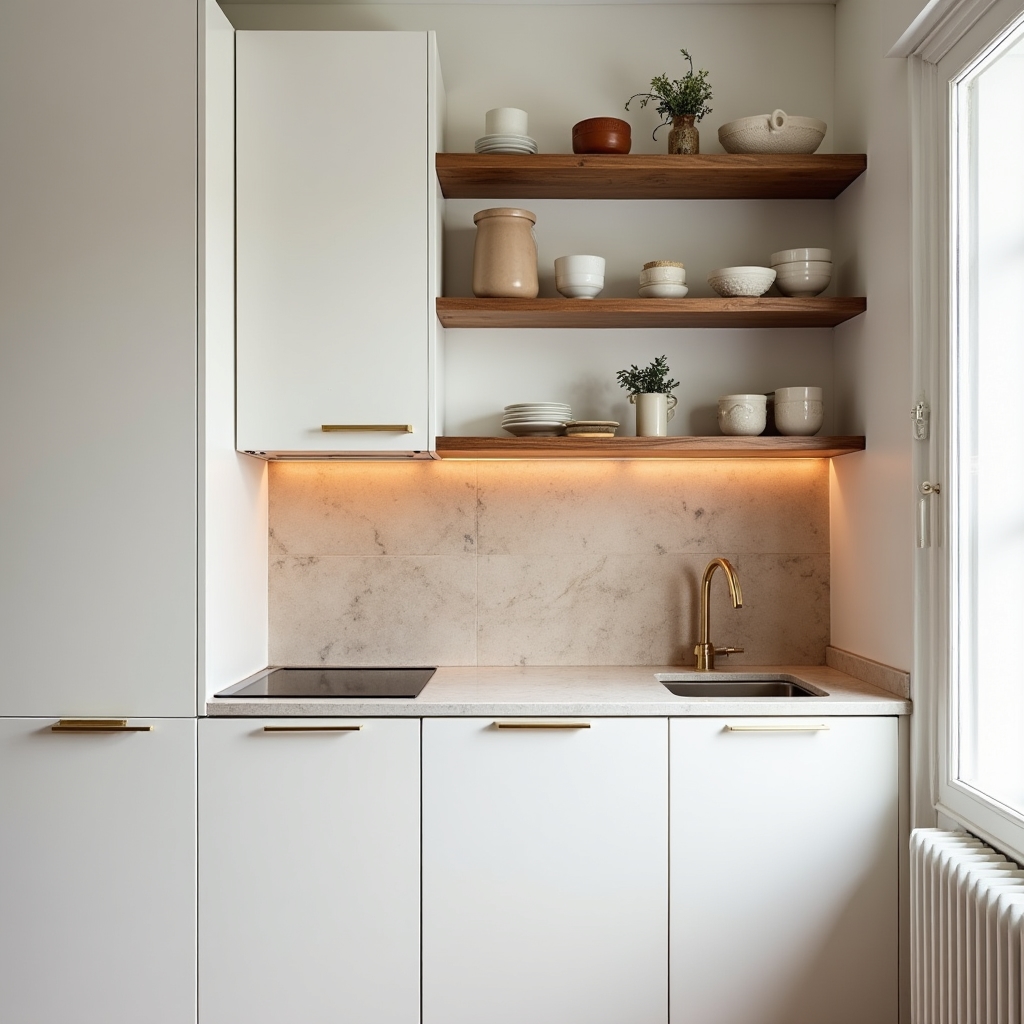 Bucătărie compactă cu mobilier alb și rafturi deschise
