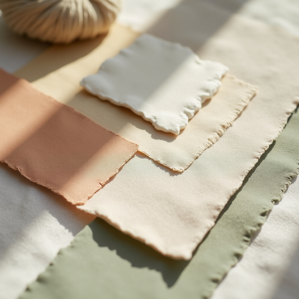 Mostre de textile și materiale în nuanțe deschise, alese pentru un apartament mic