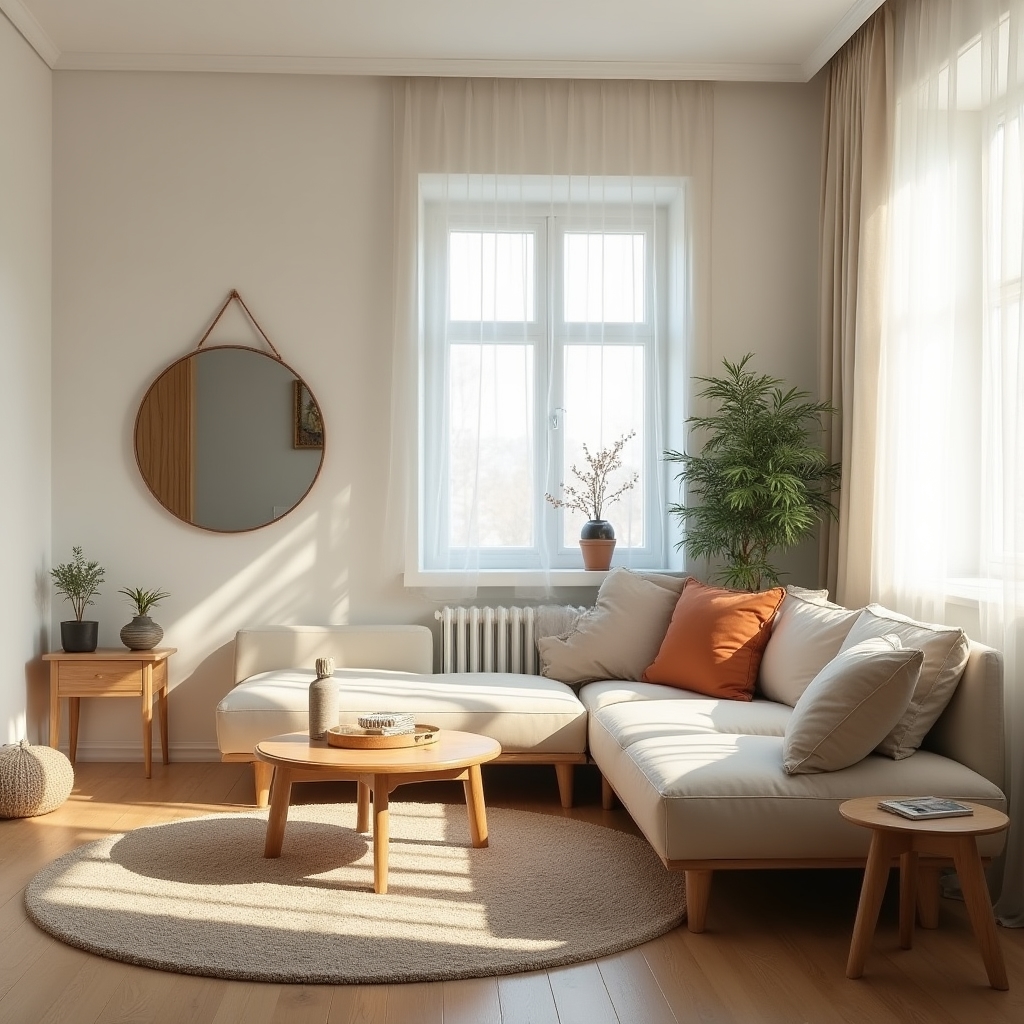 Living compact cu pereți deschiși la culoare și lumină naturală abundentă