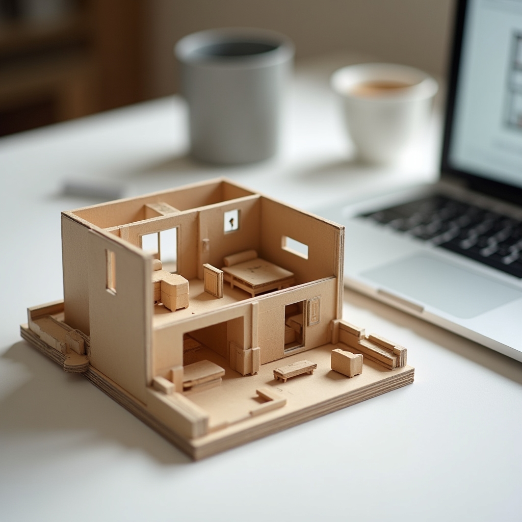 Machetă 3D a unui apartament mic pe masa de lucru a studioului